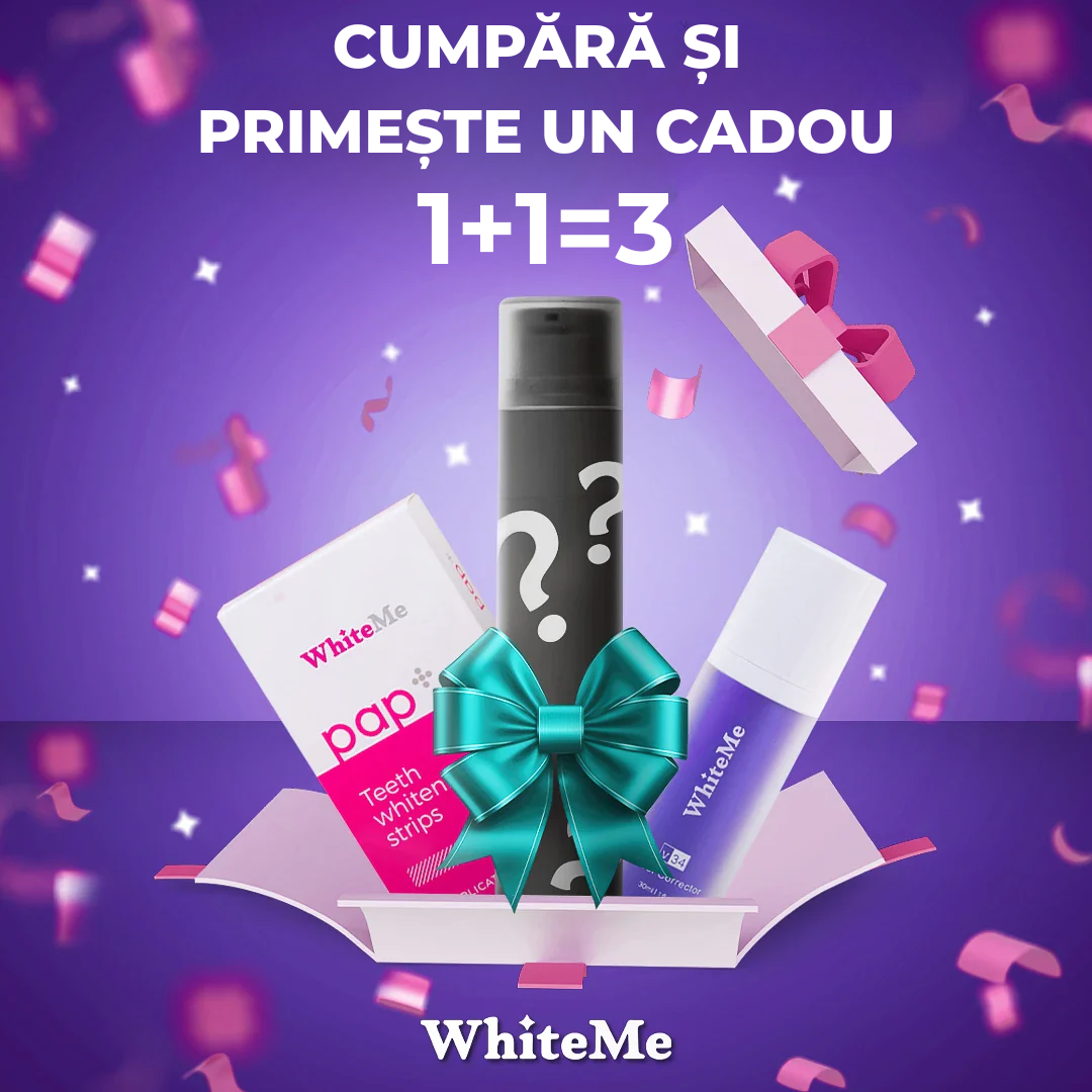 WhiteMe Mega Pack - Pap+ (benzi) + V34 (ser albitor) + Paste cadou (aromă aleatoriu)